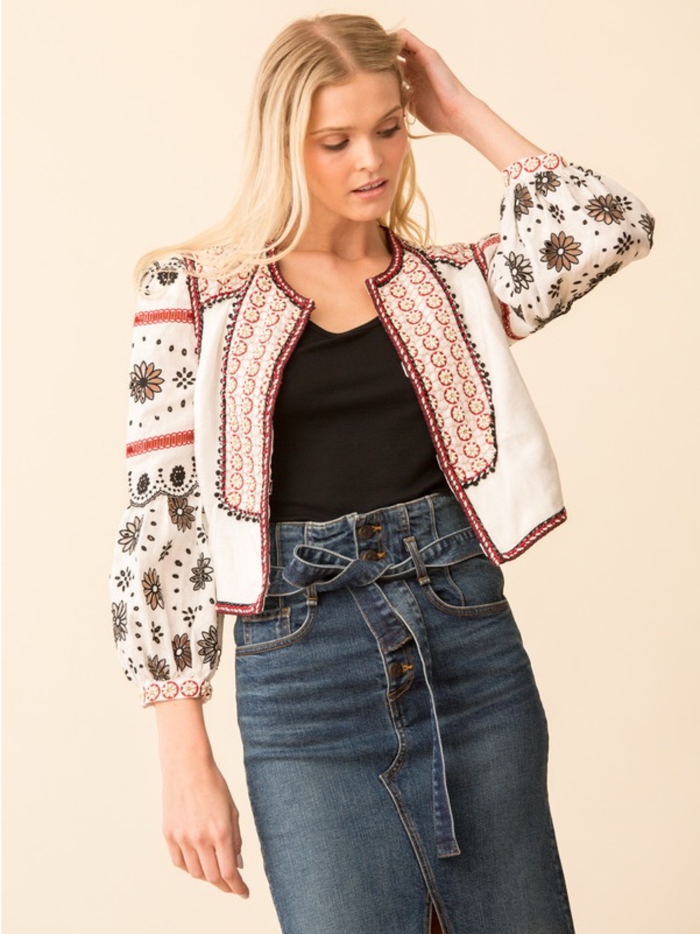 Veronica Beard Shilin Embroidered Beaded 100% Linen Cropped Jacket White Size S